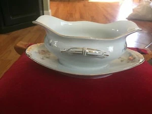  LS&S Carlsbad Austria / Purple Flowers  Gravy Boat with Underplate  - Picture 1 of 6