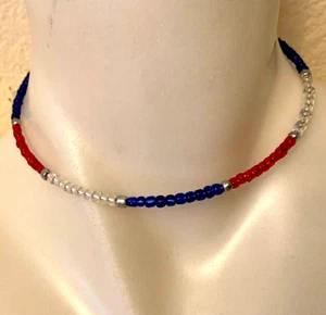 4th of July Patriotic Choker Necklace Red White Blue Silver Lined Seed Beads - Picture 1 of 3