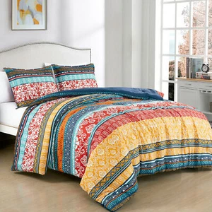 Chezmoi Collection Amara Bohemian Colorful Floral Stripe Printed Comforter Set - Picture 1 of 5