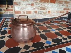 Antique Large Range Copper Cooking Pot & Matching fitted Lid & extra Long Handle - Picture 1 of 3