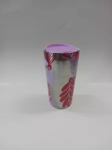STARBUCKS 2021 HOLIDAY CERAMIC TUMBLER 12 OZ TRAVEL MUG SILVER W/PINK PINECONES - Picture 1 of 9