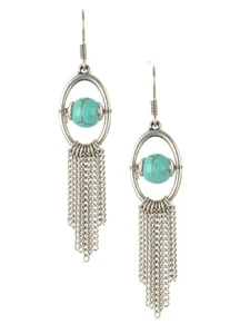 Long-ish Faux-Turquoise Earrings Silver Tone Dangle Fringe Modern Minimal 2 5/8” - Picture 1 of 2