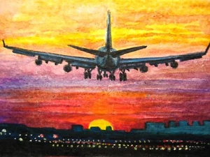 Acuarela Pintura Atardecer Avión Despegue Viaje en avión Vacaciones Ciudad ACEO Arte - Imagen 1 de 2