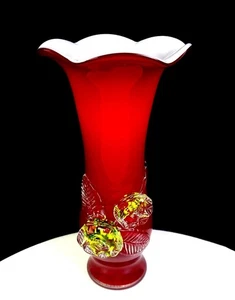 Studio Art Glass Red & White Cased Mottled Applied Flowers 9" Ruffled Vase 1950s - Picture 1 of 9
