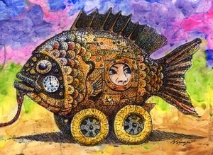 Zugspielzeug Fisch Aquarell Bild 8X10 Kinder Strand Deko Kunstdruck von Barry Singer - Bild 1 von 5
