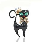 ON SALE!!  Black Enamel Green Eyed Cat With Crown Pin / Brooch 