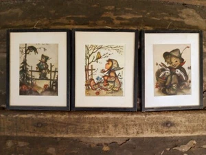 Vintage German Hummel Mini Prints With Glass Frames Art Pictures Set Of 3 Lot - Picture 1 of 5