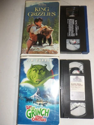 2 VHS Movie Tapes Clamshell Cases Disney's King of Grizzlies Grinch St Christmas Foto 1 de 4