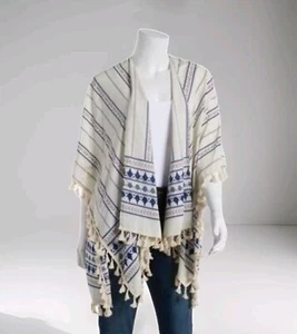 Modena Womens Lightweight Aztec Kimono With Tassels Off White Blue O/S Tribal - Picture 1 of 6
