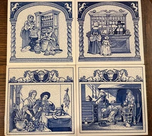 4 tiles handmade Delft Holland pharmacy Herbs Burroughs Welcome 6" blue white - Picture 1 of 12