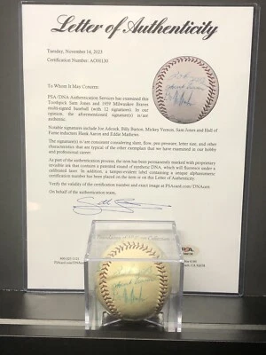 1959 Hank Aaron Eddie Mathews Milwaukee Braves Auto Ball by 12 Players PSA/DNA - Image 1 of 4