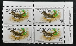 *Kengo* Canada stamp #498 INSCRIPTION PLATE BLOCK Hermit Thrush MNH UL CV$12 @47 - Bild 1 von 2