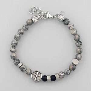 Men Gray Natural Map Stone Stainless Steel Chain Gemstone Bangle Bracelet 20291 - Picture 1 of 5