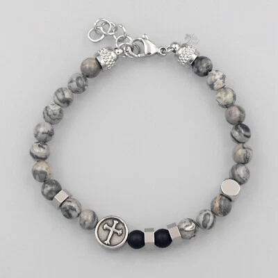 Brazalete Brazalete Hombre Gris Mapa Piedra Acero Inoxidable Cadena Piedras Preciosas 20291 Foto 1 de 4