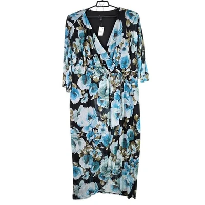 Maxi vestido envolvente sintético floral negro azul Connected Apparel mangas 3/4 24W para mujer Foto 1 de 4