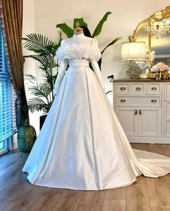 Muslim Caftan Princess Wedding Dresses 3D Floral Long Sleeve Matte Stain Gowns - Picture 1 of 6
