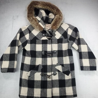 Casaco de viagem Woolrich Buffalo xadrez feminino tamanho P com capuz acabamento de pele feito nos EUA - Imagem 1 de 4