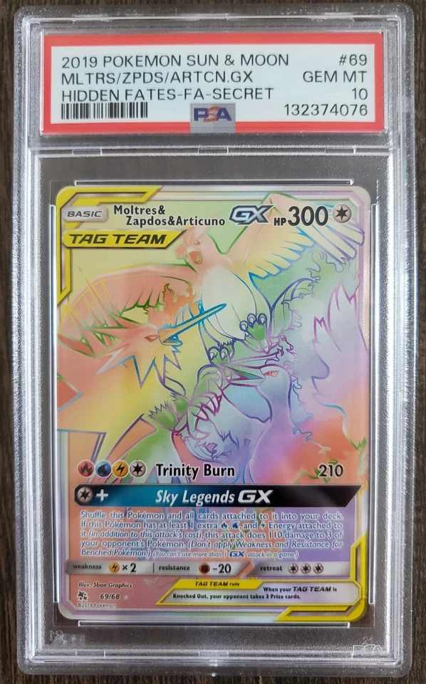 2019 POKEMON HIDDEN FATES #69 FULL ART/MOLTRES & ZAPDOS & ARTICUNO GX PSA 10 - Image 1 of 2