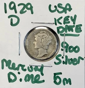 1929-D Denver Mercury Dime - .900 Silver US Coin - HTF Key Date Low Mintage 5m - Picture 1 of 6