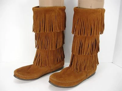 MINNETONKA MOCCASINS 1632 BROWN SUEDE 3 LAYER FRINGE CALF HIGH BOOTS WOMEN'S 8 - Image 1 of 4