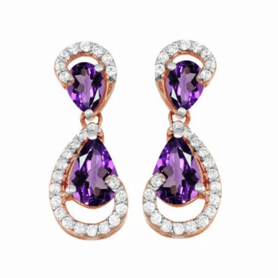 10K Rose Gold Pear & Round Cut Amethyst & 1/7 Ct Diamond Dangle Earrings - Image 1 of 4