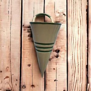 Vintage Enamel On Metal Wall Pocket Base Cone Shaped Green Stripes On Beige 8” - Picture 1 of 9