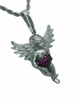 Colgante Ángel con Collar Acabado Oro Blanco 14K Relleno Micro Pavé Alas Corazón Foto 1 de 3