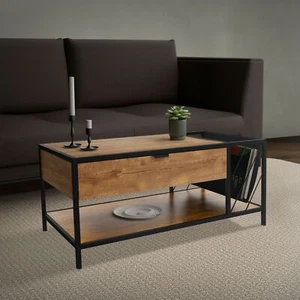 Mesa de centro marrón con 2 estantes, cajón mueble auxiliar de salón 100x54x45cm - Imagen 1 de 9