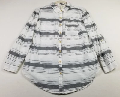 Camisa con botones Matilda Jane para mujer pequeña gris blanca a rayas manga larga bolsillo Foto 1 de 4