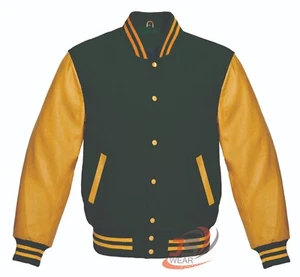 Varsity Bomber Letterman Forest Green Wool & Cowhide Leather Sleeves Jackets - Picture 1 of 3