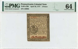 1777 April 10, 3 Pence Pennsylvania Colonial Note FR#PA-209 PMG CU64 - Picture 1 of 2