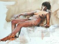 Pittura Originale Acquerello Ritratto Nudo Donna Corpo Modello Venere 38x29 cm