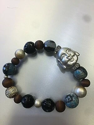 Silver BUDDHA HEAD Colorful GLASS WOOD BEADS Womens STRETCH CHARM BRACELET Lucky - Image 1 of 4