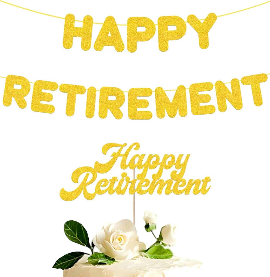 Gold Retirement Party Decorations, Pre Strung Happy Retirement Banner & Cake Top - Image 1 of 4