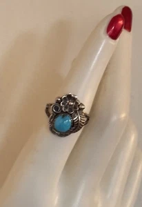 Native American Navajo Ring Sterling Silver Flower Blue Turquoise Sz 6.5 - Picture 1 of 8