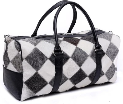 Cowhide Leather Duffel Bag Cow hide Hair On Grey White Weekender bag Travel Bag - Image 1 of 4