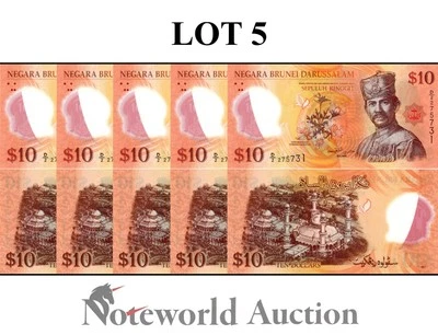 BRUNEI 10 Ringgit 2011 P 37 Polymer Lot 5 pcs 1/20 Bundle UNC - Image 1 of 4