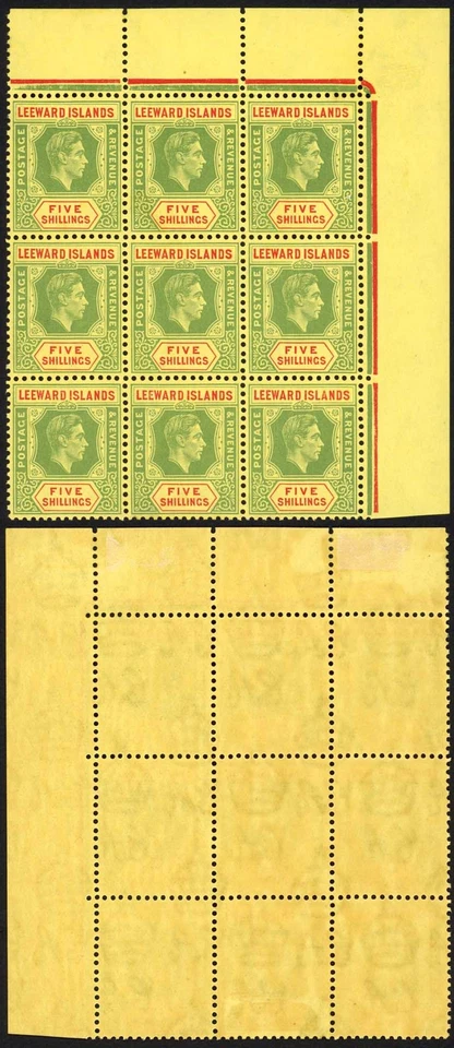 Sotavento Is SG112 5/- verde y rojo sobre amarillo Bloque de 9 (8 x U/M) Cat 450 libras Foto 1 de 1