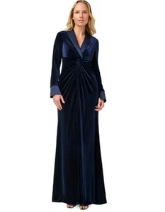 NEW ADRIANNA PAPELL NAVY VELVET MAXI FORMAL TUX GOWN DRESS UK SIZE 10/US 6 - Picture 1 of 13