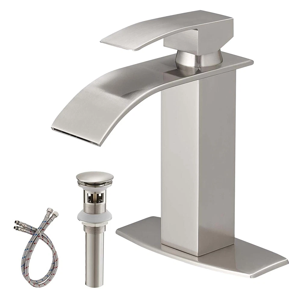 BWE Brushed Nickel Bathroom Waterfall Single Handle One Hole Sink Faucet wtih Cover