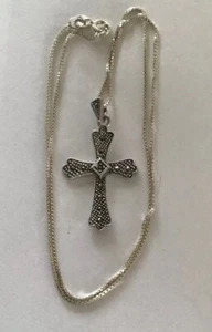 JC STERLING SILVER HEMATITE STONES CROSS PENDANT 17” BOX CHAIN NECKLACE 925 - Picture 1 of 9