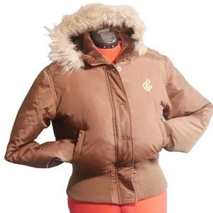 Y2K Roca Wear Authentic Down Fur Hooded Embroidered Parka Brown Womens Sz Large - Picture 1 of 23