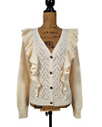Lauren Conrad Womens Cardigan XL Ivory Pointelle Ruffle Long Sleeve Cotton Blend