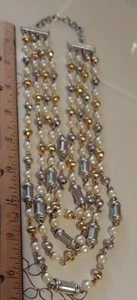 Bohemian Brushed Silver Gold & Pearl 4 Strand Necklace 18-20" Byzantine + Bag - Picture 1 of 6