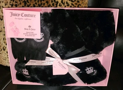 Juicy Couture Crown Logos Scarf / Headband & Gloves Black Faux Fur Set  $97 NWT! - Image 1 of 4