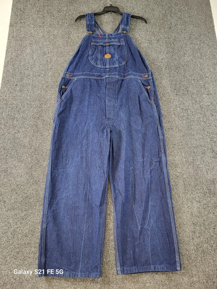 Red Kap Denim Bib Overalls Men 40x26 Blue Darker Wash Farmer Brown Garden Ranch - Image 1 of 4
