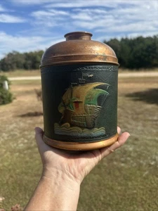 Humidor tabacco vintage Art Deco Rumidor rame/pelle spedizione in rilievo - Foto 1 di 12