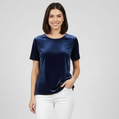 Blusa suave top manga corta azul terciopelo Kathy Irlanda para mujer talla L Foto 1 de 4