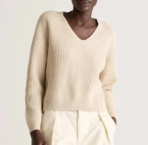 Quince Fisherman Sweater V Neck XL Speckled Beige Organic Cotton Chunky Knit - Picture 1 of 8