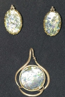 Bruria Israel ancient Roman glass sterling silver Earrings and PENDANT Set - Image 1 of 4